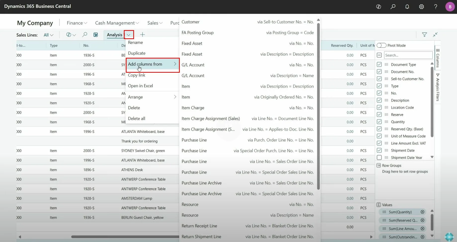 🆕 Business Central 2025 Wave 1 (BC26.2) – A Game-Changer in Analysis Mode: Add Fields from Related Tables! 2 inserting fields in Microsoft D365 BC