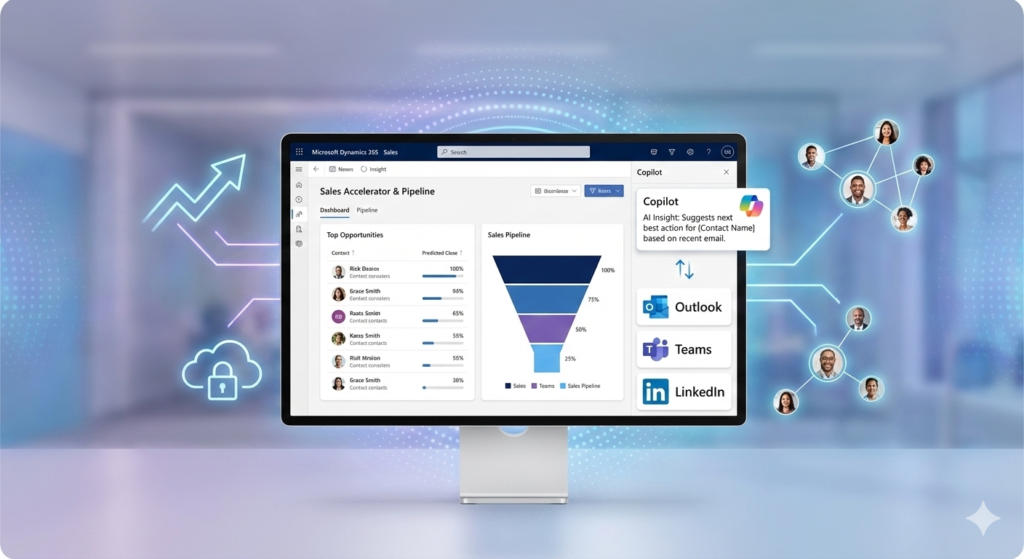 Dynamics 365 for Sales 1 To ensure this image helps your page rank for Microsoft Dynamics 365 Sales, use a descriptive, keyword-rich alt tag. Optimized Alt Tag Microsoft Dynamics 365 Sales dashboard on a desktop monitor showing AI-powered sales accelerator, pipeline management funnel, and Copilot insights integrated with Outlook, Teams, and LinkedIn.