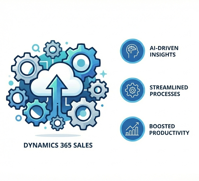 Dynamics 365 for Sales 17 Dynamics 365 Sales illustration featuring a cloud with gears, representing AI insights, streamlined processes, and boosted productivity