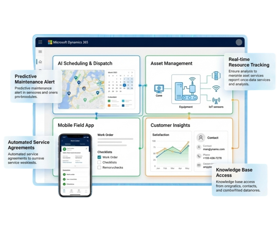 Microsoft Dynamics 365 Field Service dashboard infographic showing resource scheduling and performance analytics.