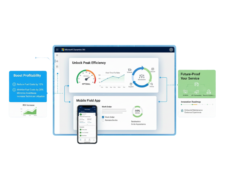 An informative infographic for Microsoft Dynamics 365 Field Service featuring a modern digital dashboard, floating data pop-ups showing service KPIs, and icons representing business growth, cost efficiency, and customer satisfaction.