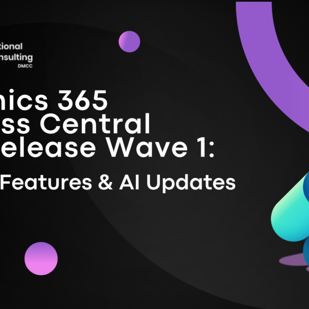 Microsoft Dynamics 365 Business Central 2026 release wave 1 features and AI updates, with back background sqit logo and Business Central logo