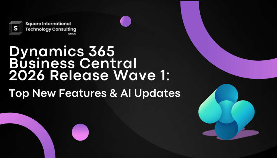 Microsoft Dynamics 365 Business Central 2026 release wave 1 features and AI updates, with back background sqit logo and Business Central logo