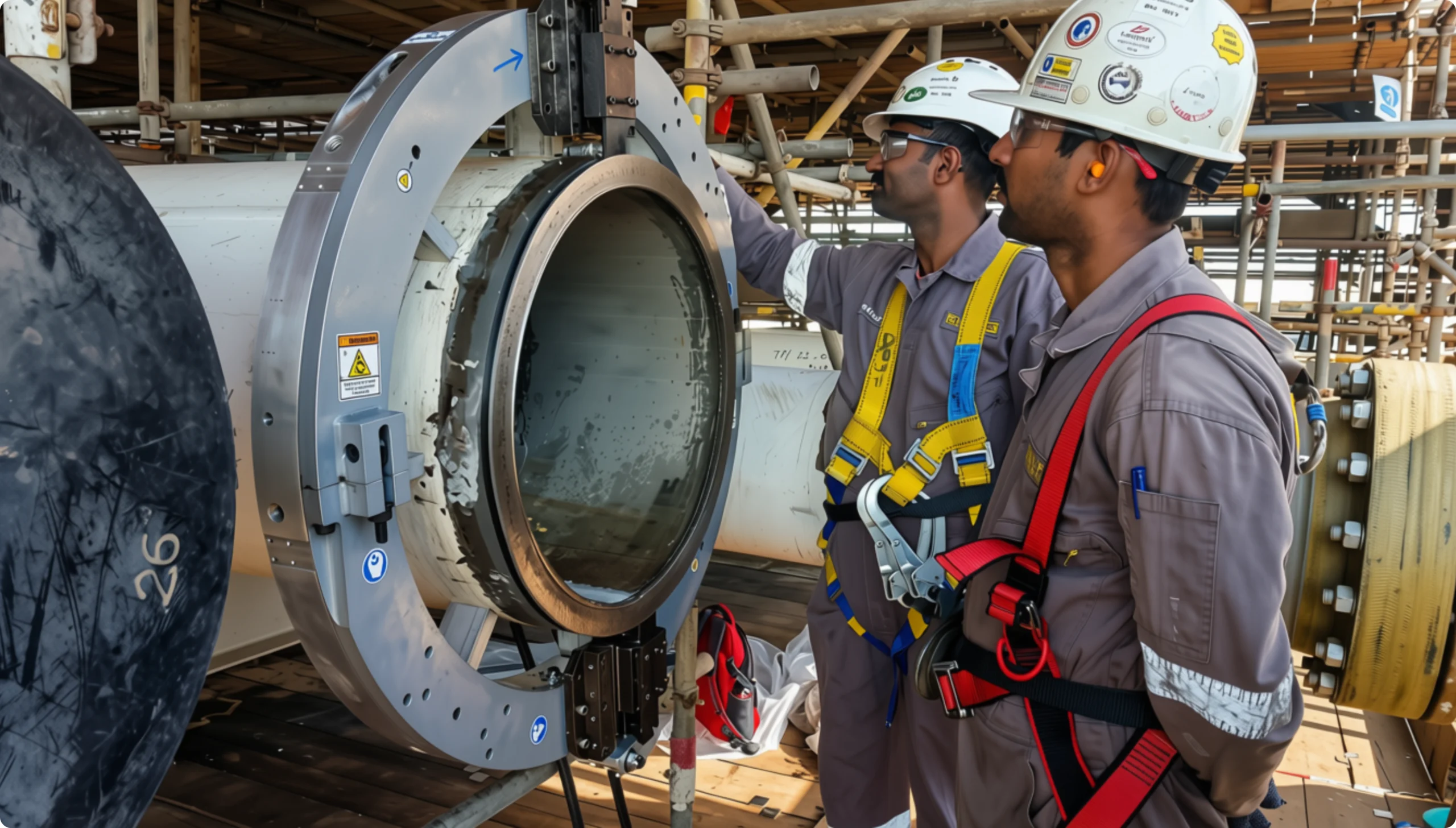 Industrial workers inspecting heavy mechanical equipment at a Gulf Incon project site