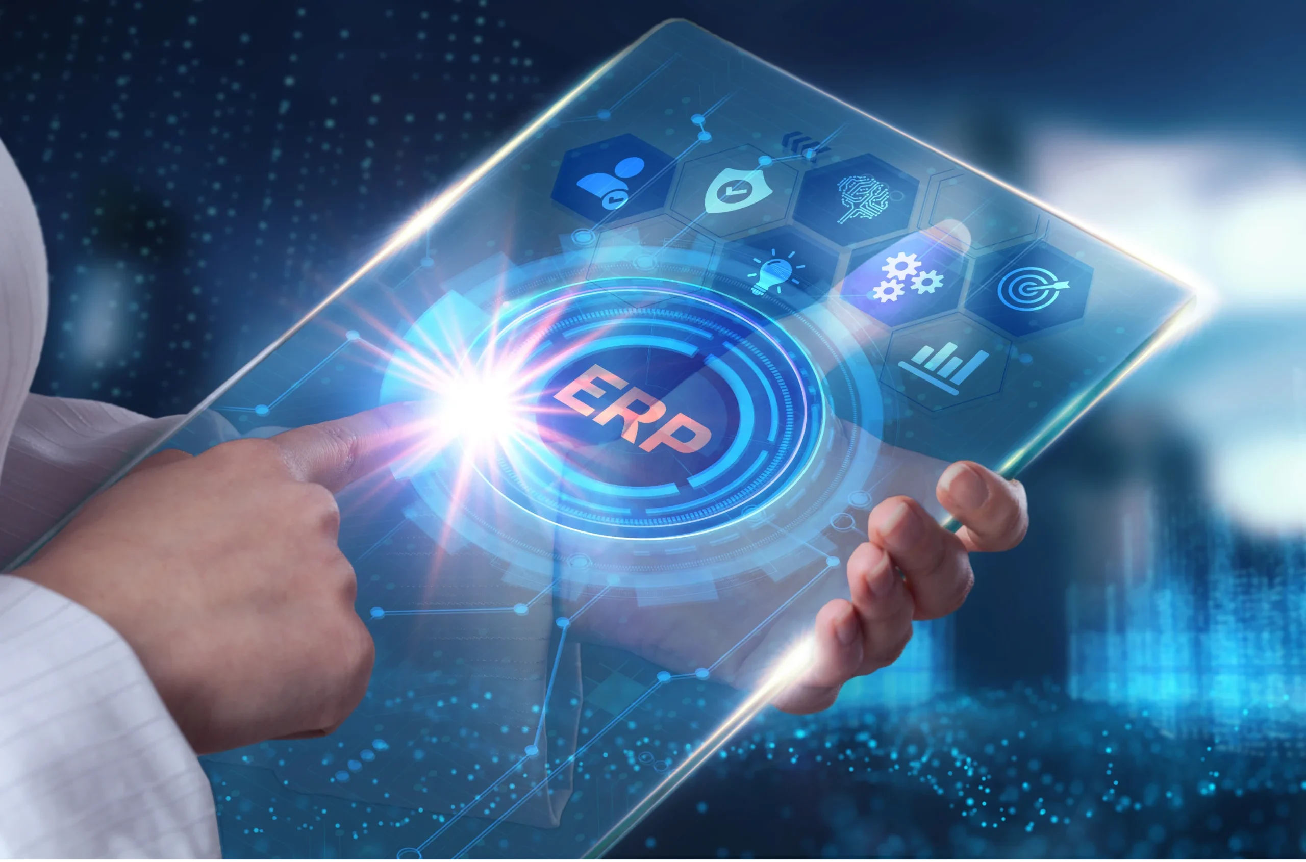 Person interacting with a digital ERP interface representing Microsoft Dynamics 365 Business Central for finance, inventory, and business management.